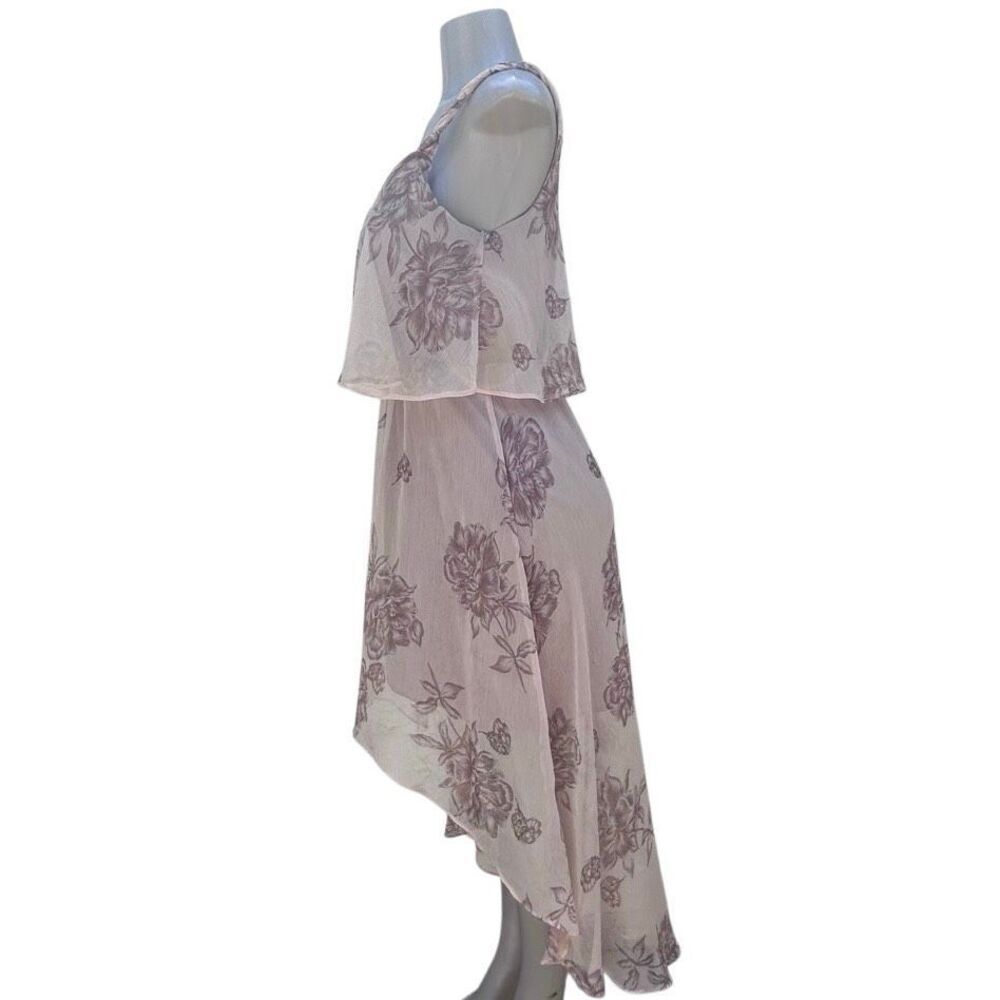 Love21 Popover High Low Dress Women's Medium Pink Taupe Floral Chiffon V-neck - Picture 10 of 14